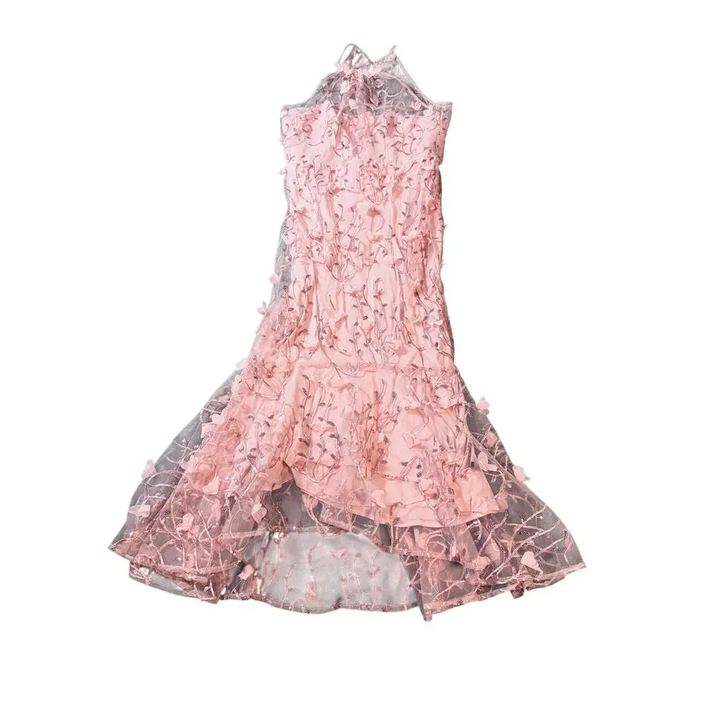 NWT Dessy SHEER HALTER NECK 3D FLORAL EMBROIDERED DRESS HIGH-LOW HEM Pink SZ 12 - Picture 4 of 12